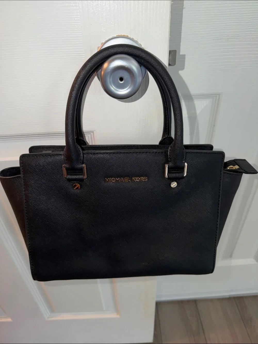 MICHAEL KORS Black Saffiano Leather Satchel with Gold Hardware